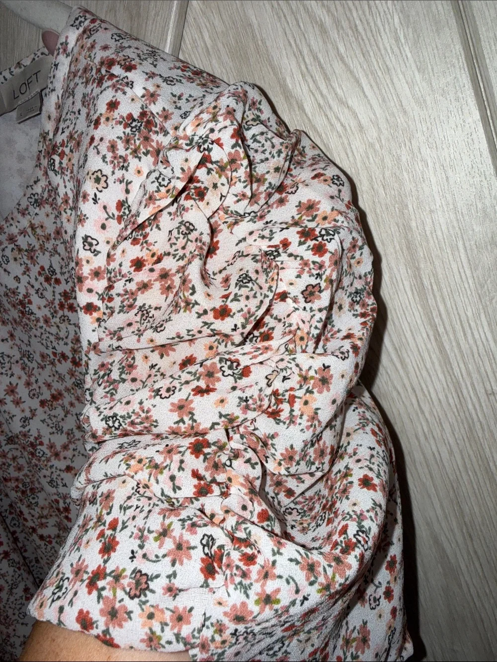LOFT White Blouse with Rust Floral Print and Puff Sleeves
